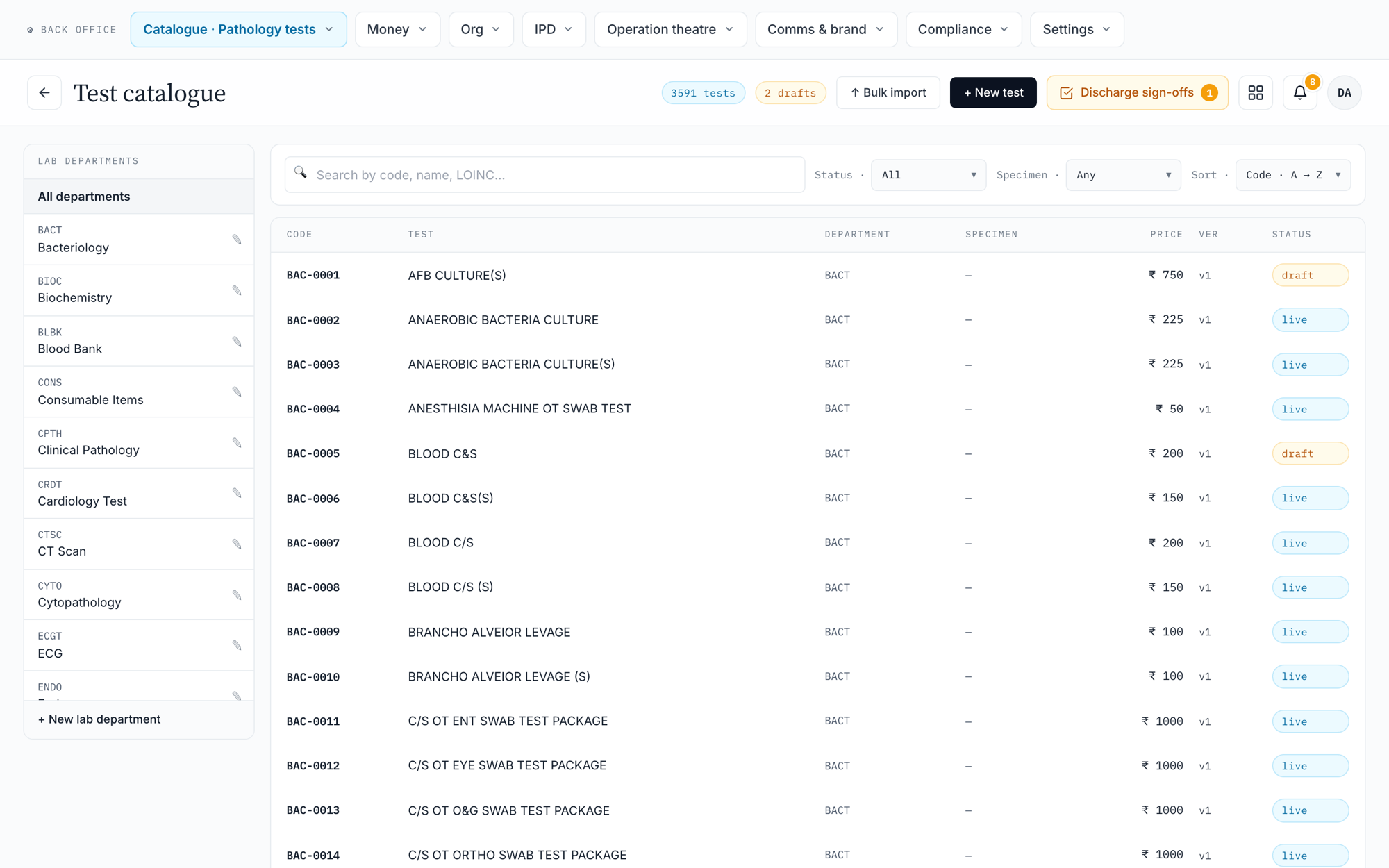 PrimeStack test catalogue - thousands of tests with your codes, prices and ranges